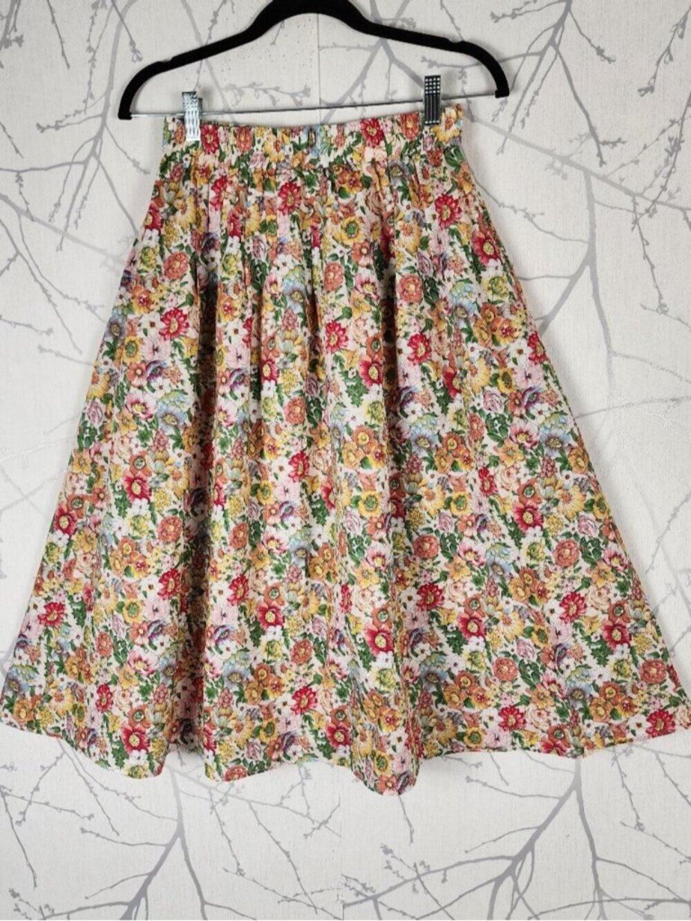 Navy Natural Colorful Ditsy Floral Cotton Elastic Waist Flowy Skirt